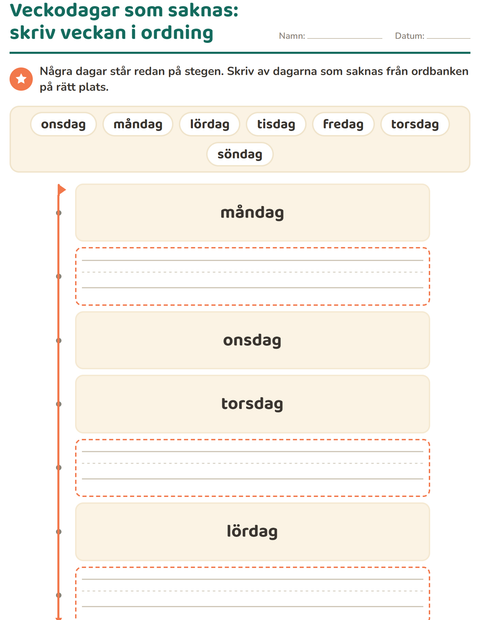 Veckodagar som saknas – skriv veckan i ordning