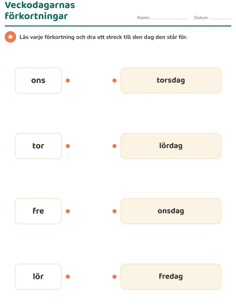 Förhandsvisning av Veckodagar och månader-arbetsblad för Årskurs 1