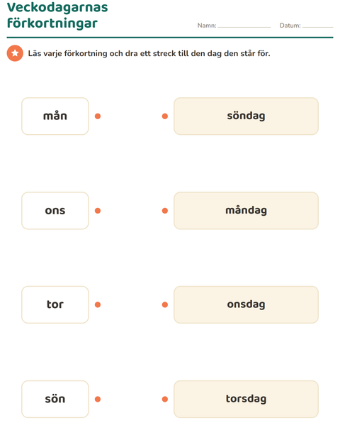 Förhandsvisning av Veckodagar och månader-arbetsblad för Årskurs 1