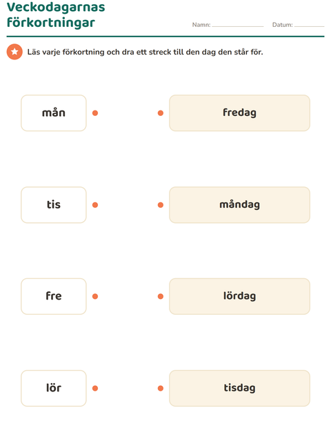 Förhandsvisning av Veckodagar och månader-arbetsblad för Årskurs 1