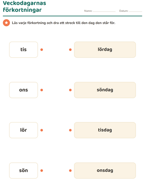 Förhandsvisning av Veckodagar och månader-arbetsblad för Årskurs 1