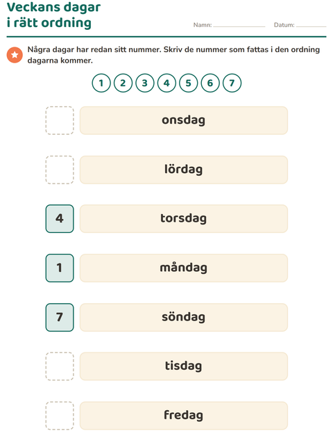 Förhandsvisning av Veckodagar och månader-arbetsblad för Förskoleklass