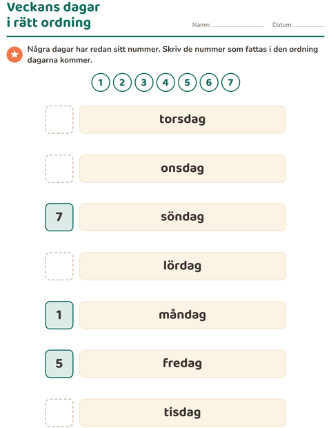 Förhandsvisning av Veckodagar och månader-arbetsblad för Förskoleklass