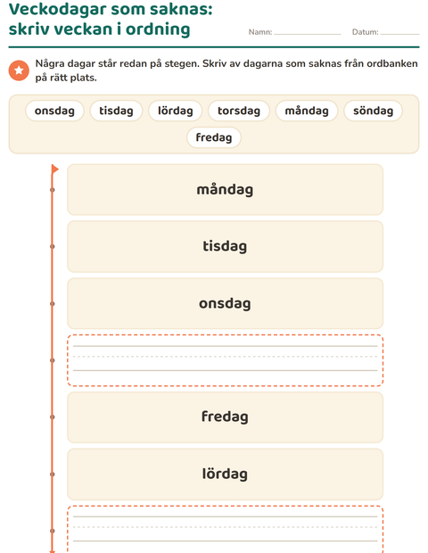 Förhandsvisning av Veckodagar och månader-arbetsblad för Förskoleklass