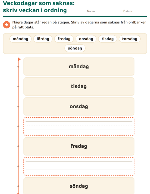 Förhandsvisning av Veckodagar och månader-arbetsblad för Förskoleklass