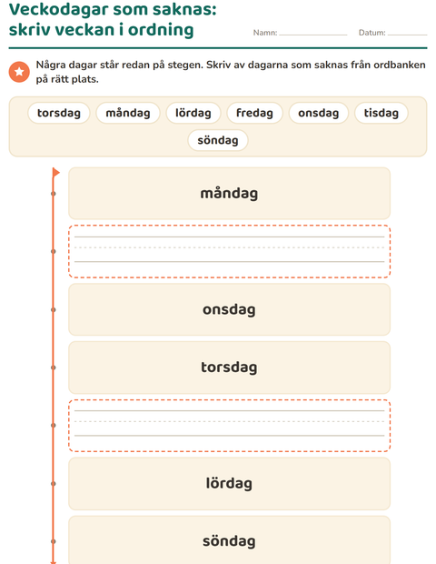 Förhandsvisning av Veckodagar och månader-arbetsblad för Förskoleklass