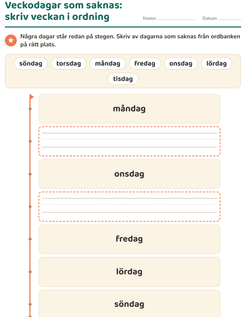 Förhandsvisning av Veckodagar och månader-arbetsblad för Förskoleklass