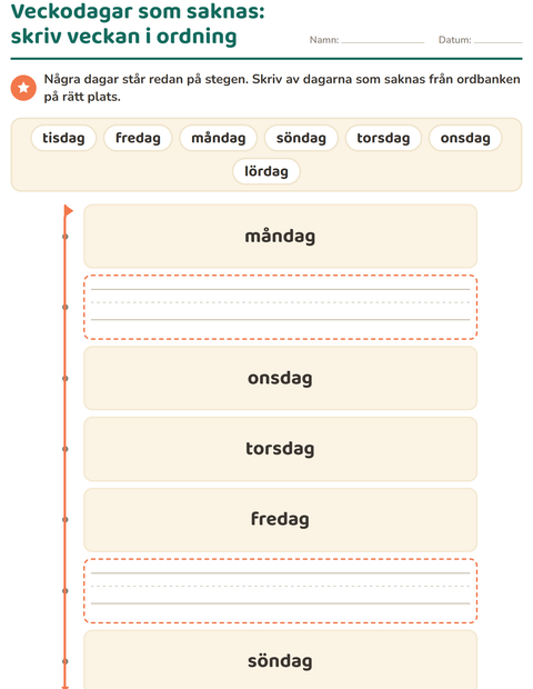 Förhandsvisning av Veckodagar och månader-arbetsblad för Förskoleklass