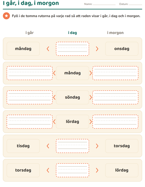 Förhandsvisning av Veckodagar och månader-arbetsblad för Årskurs 1