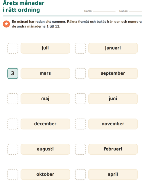 Förhandsvisning av Veckodagar och månader-arbetsblad för Årskurs 1