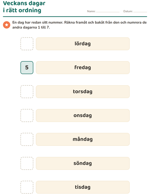 Förhandsvisning av Veckodagar och månader-arbetsblad för Förskoleklass
