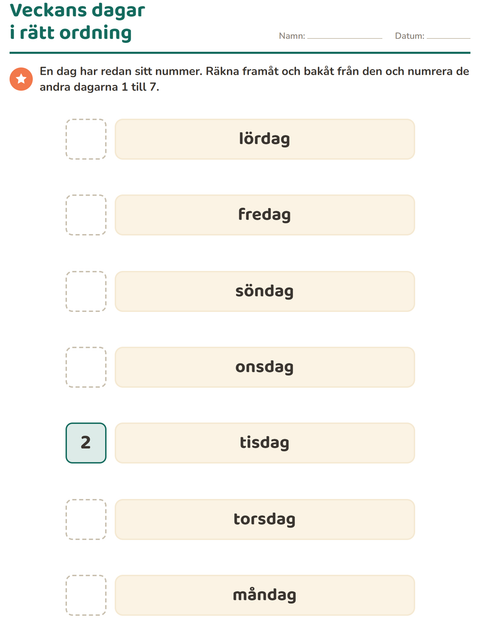Förhandsvisning av Veckodagar och månader-arbetsblad för Förskoleklass
