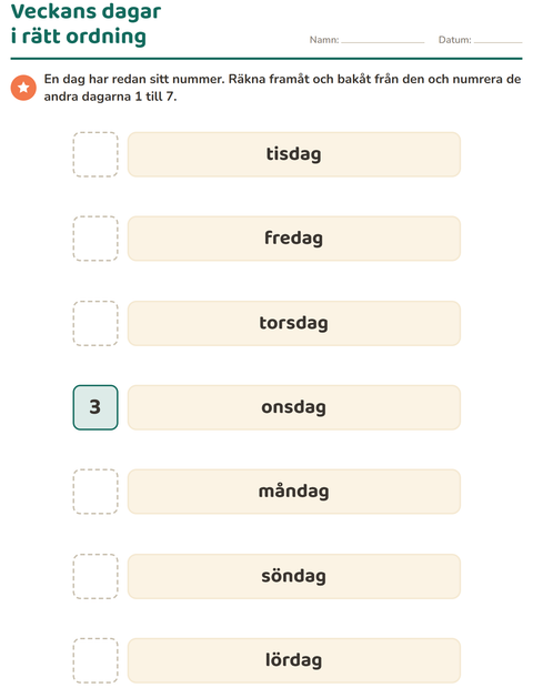 Förhandsvisning av Veckodagar och månader-arbetsblad för Förskoleklass