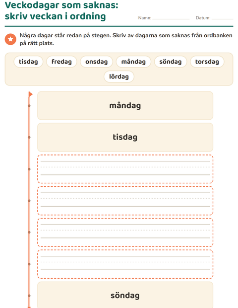 Förhandsvisning av Veckodagar och månader-arbetsblad för Förskoleklass