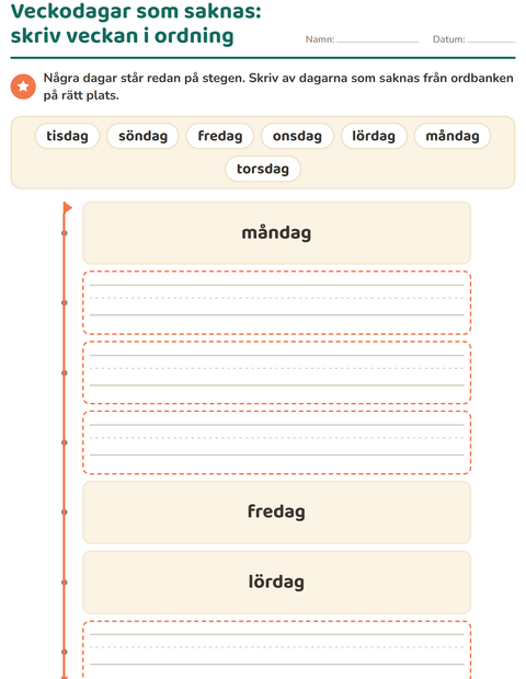 Förhandsvisning av Veckodagar och månader-arbetsblad för Förskoleklass