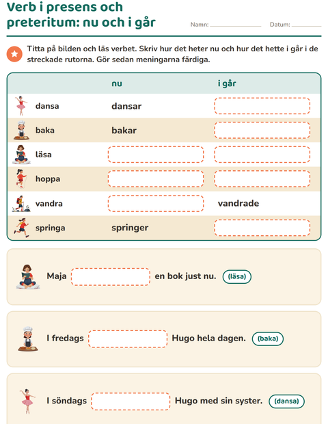 Verb i presens och preteritum – nu och i går i en tabell
