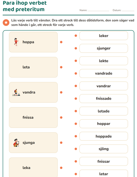 Förhandsvisning av Verb: presens och preteritum-arbetsblad för Årskurs 2