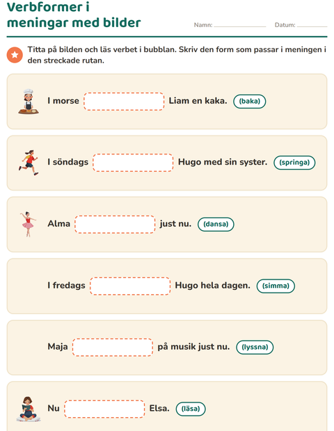 Förhandsvisning av Verb: presens och preteritum-arbetsblad för Årskurs 2