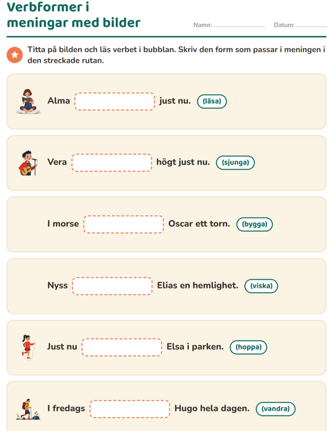 Förhandsvisning av Verb: presens och preteritum-arbetsblad för Årskurs 2