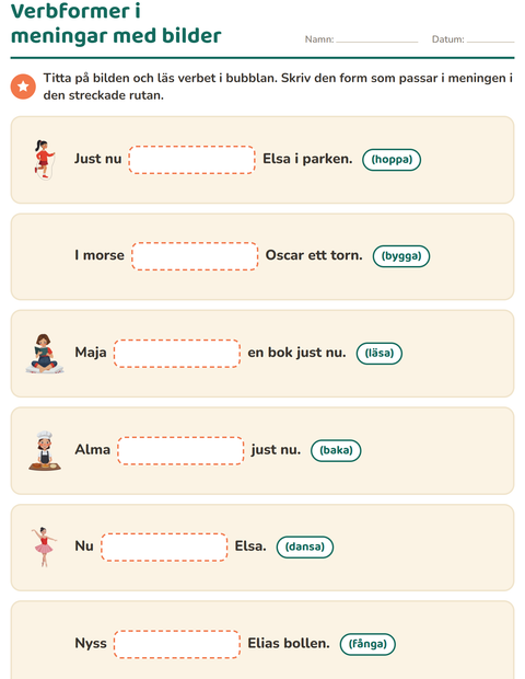 Förhandsvisning av Verb: presens och preteritum-arbetsblad för Årskurs 2