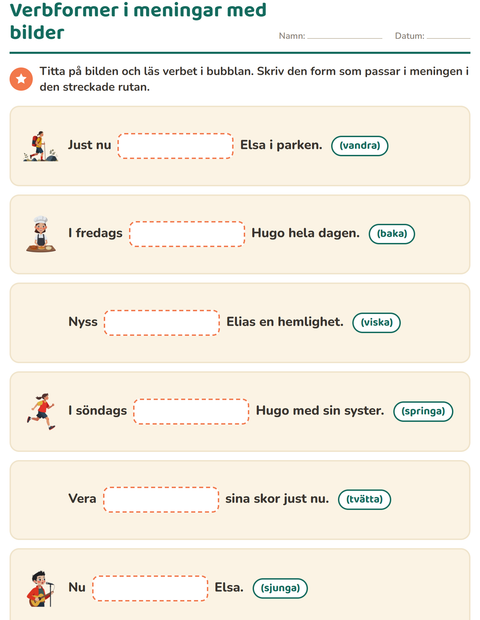 Verbformer i meningar med bilder – tidsordet styr formen