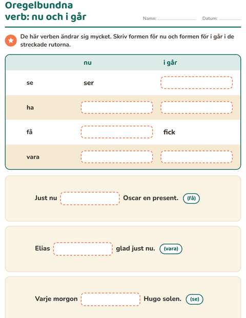 Förhandsvisning av Verb: presens och preteritum-arbetsblad för Årskurs 2