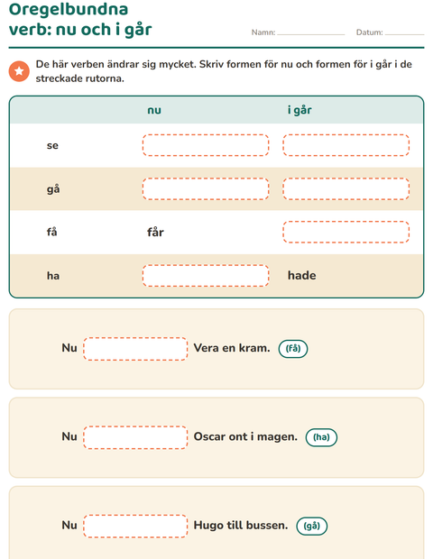 Förhandsvisning av Verb: presens och preteritum-arbetsblad för Årskurs 2