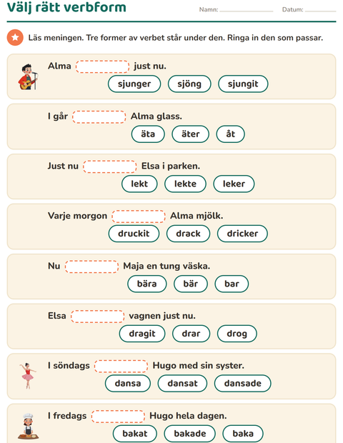 Förhandsvisning av Verb: presens och preteritum-arbetsblad för Årskurs 2