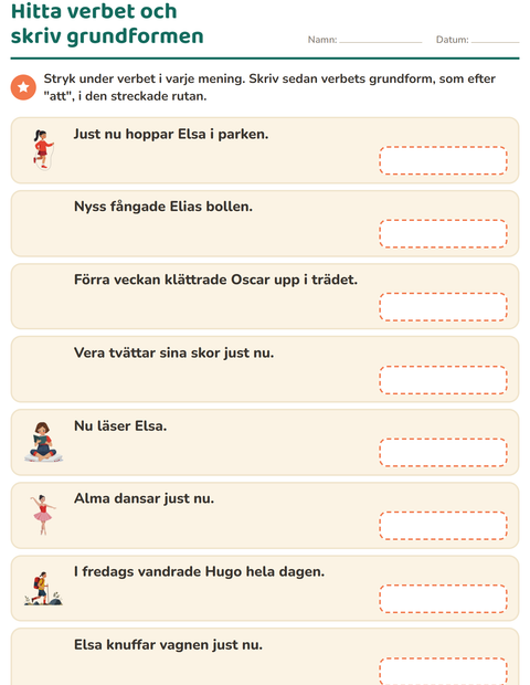 Förhandsvisning av Verb: presens och preteritum-arbetsblad för Årskurs 2