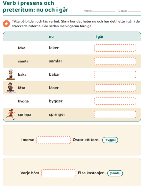 Förhandsvisning av Verb: presens och preteritum-arbetsblad för Årskurs 2