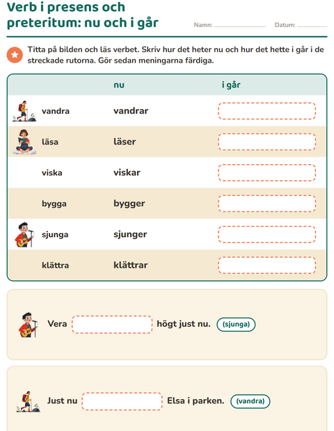 Förhandsvisning av Verb: presens och preteritum-arbetsblad för Årskurs 2