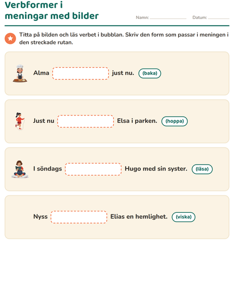 Förhandsvisning av Verb: presens och preteritum-arbetsblad för Årskurs 2