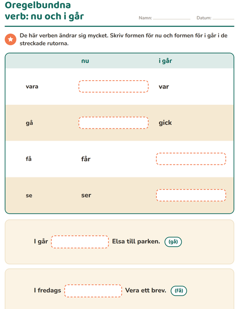 Förhandsvisning av Verb: presens och preteritum-arbetsblad för Årskurs 2