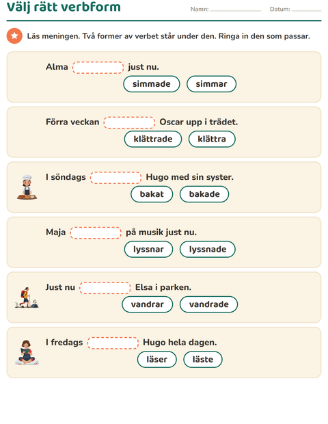 Förhandsvisning av Verb: presens och preteritum-arbetsblad för Årskurs 2