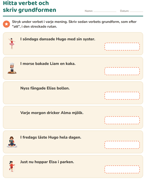 Förhandsvisning av Verb: presens och preteritum-arbetsblad för Årskurs 2
