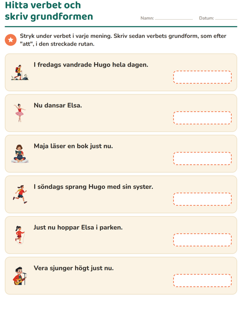 Förhandsvisning av Verb: presens och preteritum-arbetsblad för Årskurs 2