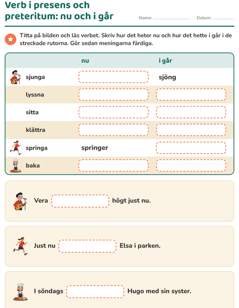 Förhandsvisning av Verb: presens och preteritum-arbetsblad för Årskurs 2