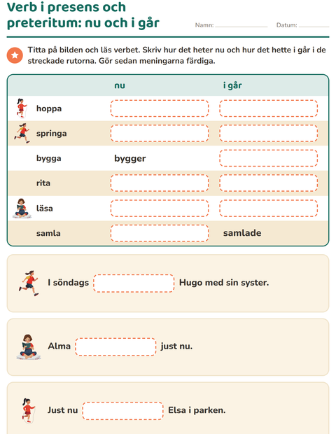 Förhandsvisning av Verb: presens och preteritum-arbetsblad för Årskurs 2
