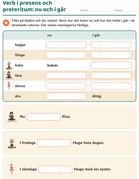 Förhandsvisning av Verb: presens och preteritum-arbetsblad för Årskurs 2