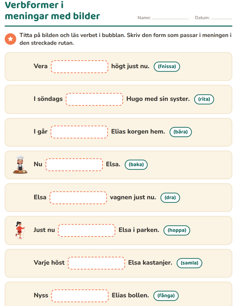 Förhandsvisning av Verb: presens och preteritum-arbetsblad för Årskurs 2