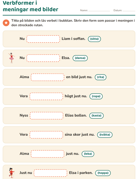 Förhandsvisning av Verb: presens och preteritum-arbetsblad för Årskurs 2