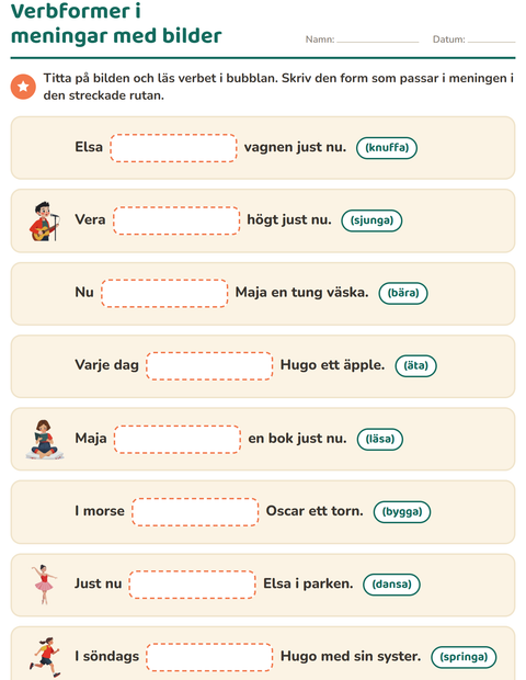 Förhandsvisning av Verb: presens och preteritum-arbetsblad för Årskurs 2
