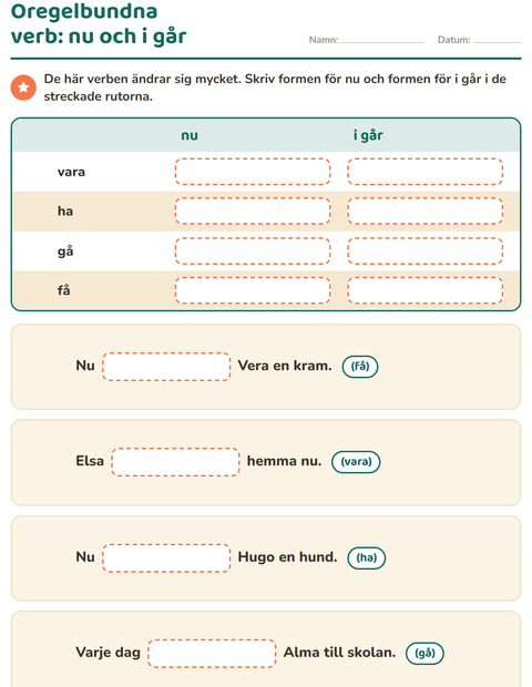 Förhandsvisning av Verb: presens och preteritum-arbetsblad för Årskurs 2