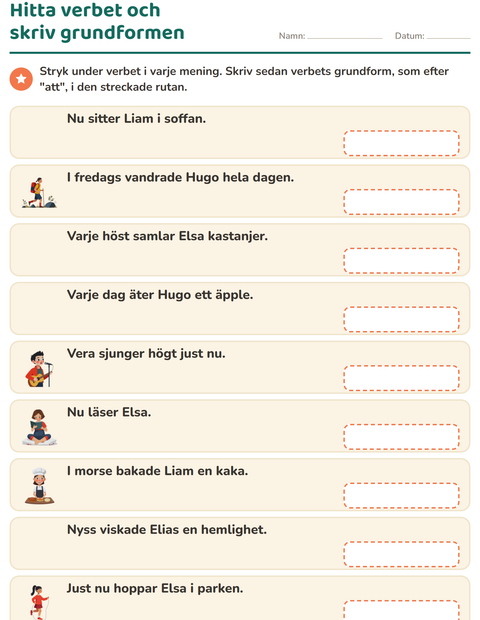 Förhandsvisning av Verb: presens och preteritum-arbetsblad för Årskurs 2