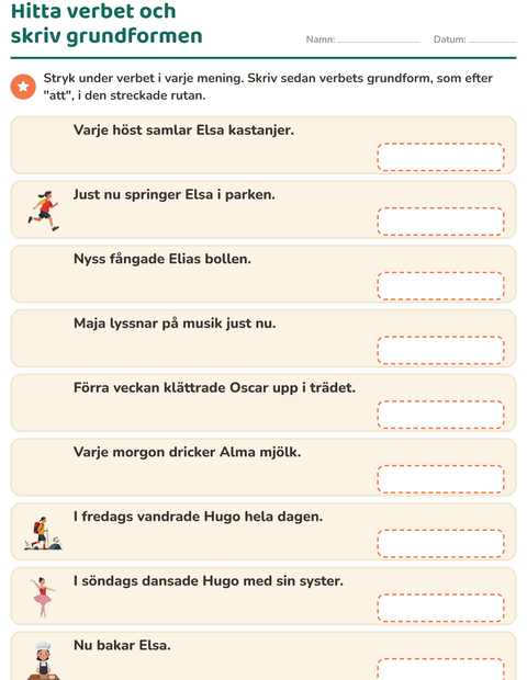 Förhandsvisning av Verb: presens och preteritum-arbetsblad för Årskurs 2