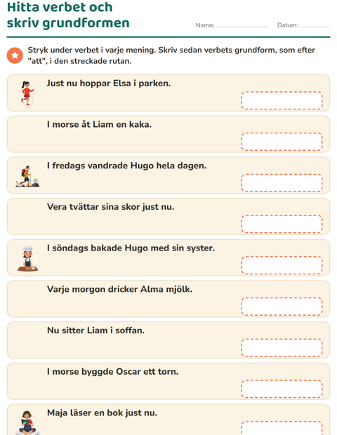 Förhandsvisning av Verb: presens och preteritum-arbetsblad för Årskurs 2