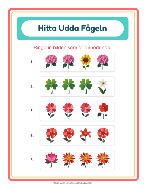 Förhandsvisning av Vilken Passar Inte-arbetsblad med Blommor för Förskoleklass