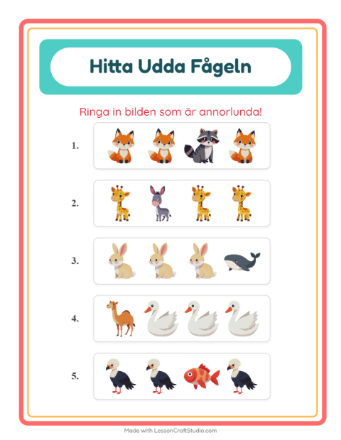 Vad passar inte bland djur? – arbetsblad för förskolan — 2