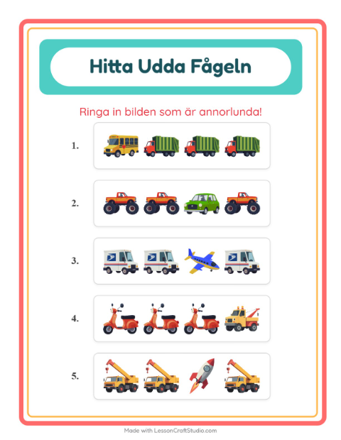 Förhandsvisning av Vad passar inte bland fordon? – arbetsblad för förskolan