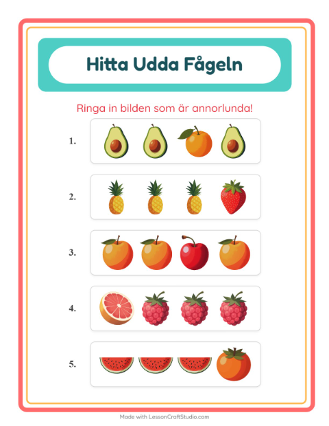 Förhandsvisning av Vilken Passar Inte-arbetsblad med Frukter för Förskoleklass